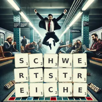 Kreative Illustration für ein Scrabble-Spiel, bei dem das Wort SCHWERTSTREICHE mit Steinen auf dem Brett gelegt wurde.