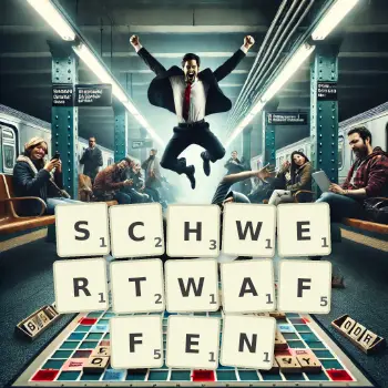 Kreative Illustration für ein Scrabble-Spiel, bei dem das Wort SCHWERTWAFFEN mit Steinen auf dem Brett gelegt wurde.