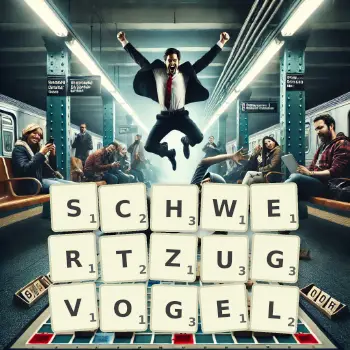 Kreative Illustration für ein Scrabble-Spiel, bei dem das Wort SCHWERTZUGVOGEL mit Steinen auf dem Brett gelegt wurde.