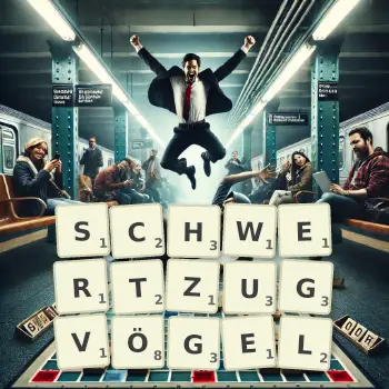 Kreative Illustration für ein Scrabble-Spiel, bei dem das Wort SCHWERTZUGVÖGEL mit Steinen auf dem Brett gelegt wurde.