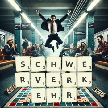 Kreative Illustration für ein Scrabble-Spiel, bei dem das Wort SCHWERVERKEHR mit Steinen auf dem Brett gelegt wurde.