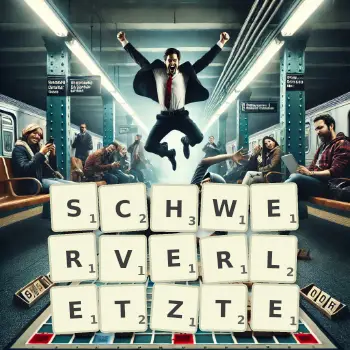 Kreative Illustration für ein Scrabble-Spiel, bei dem das Wort SCHWERVERLETZTE mit Steinen auf dem Brett gelegt wurde.