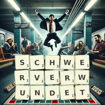 Kreative Illustration für ein Scrabble-Spiel, bei dem das Wort SCHWERVERWUNDET mit Steinen auf dem Brett gelegt wurde.