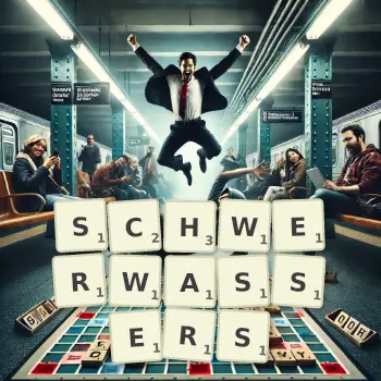 Kreative Illustration für ein Scrabble-Spiel, bei dem das Wort SCHWERWASSERS mit Steinen auf dem Brett gelegt wurde.