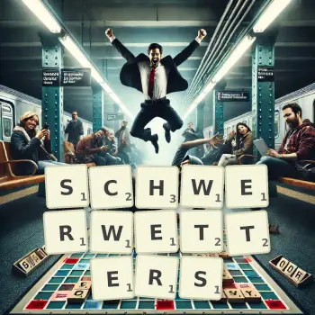 Kreative Illustration für ein Scrabble-Spiel, bei dem das Wort SCHWERWETTERS mit Steinen auf dem Brett gelegt wurde.