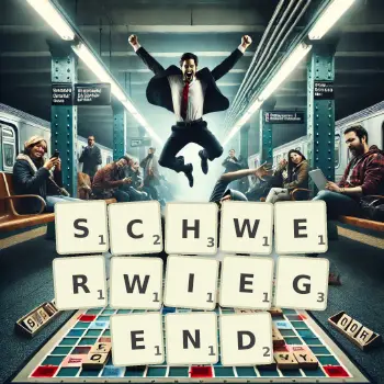 Kreative Illustration für ein Scrabble-Spiel, bei dem das Wort SCHWERWIEGEND mit Steinen auf dem Brett gelegt wurde.