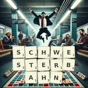 Kreative Illustration für ein Scrabble-Spiel, bei dem das Wort SCHWESTERBAHN mit Steinen auf dem Brett gelegt wurde.