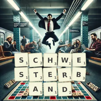 Kreative Illustration für ein Scrabble-Spiel, bei dem das Wort SCHWESTERBAND mit Steinen auf dem Brett gelegt wurde.