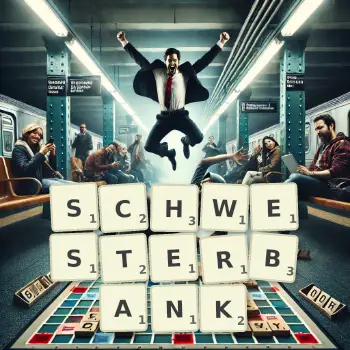 Kreative Illustration für ein Scrabble-Spiel, bei dem das Wort SCHWESTERBANK mit Steinen auf dem Brett gelegt wurde.