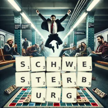 Kreative Illustration für ein Scrabble-Spiel, bei dem das Wort SCHWESTERBURG mit Steinen auf dem Brett gelegt wurde.