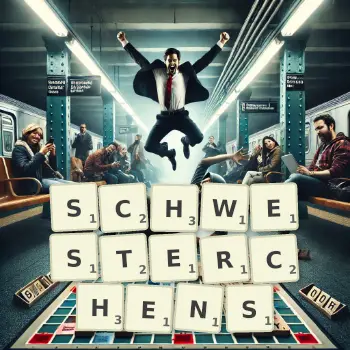 Kreative Illustration für ein Scrabble-Spiel, bei dem das Wort SCHWESTERCHENS mit Steinen auf dem Brett gelegt wurde.