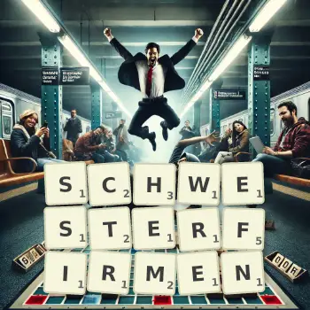 Kreative Illustration für ein Scrabble-Spiel, bei dem das Wort SCHWESTERFIRMEN mit Steinen auf dem Brett gelegt wurde.