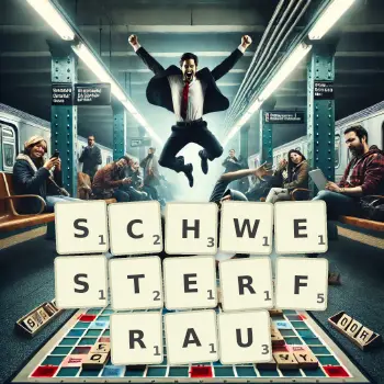 Kreative Illustration für ein Scrabble-Spiel, bei dem das Wort SCHWESTERFRAU mit Steinen auf dem Brett gelegt wurde.