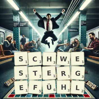 Kreative Illustration für ein Scrabble-Spiel, bei dem das Wort SCHWESTERGEFÜHL mit Steinen auf dem Brett gelegt wurde.