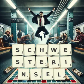 Kreative Illustration für ein Scrabble-Spiel, bei dem das Wort SCHWESTERINSEL mit Steinen auf dem Brett gelegt wurde.