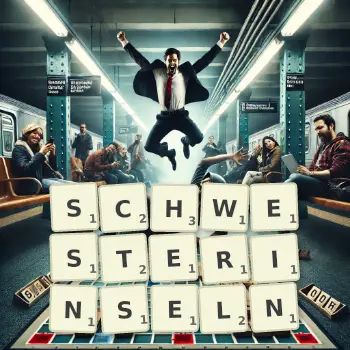 Kreative Illustration für ein Scrabble-Spiel, bei dem das Wort SCHWESTERINSELN mit Steinen auf dem Brett gelegt wurde.