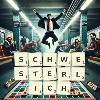 Kreative Illustration für ein Scrabble-Spiel, bei dem das Wort SCHWESTERLICH mit Steinen auf dem Brett gelegt wurde.