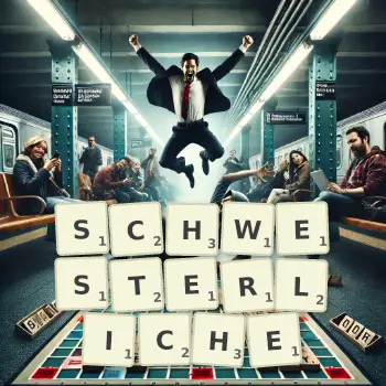 Kreative Illustration für ein Scrabble-Spiel, bei dem das Wort SCHWESTERLICHE mit Steinen auf dem Brett gelegt wurde.