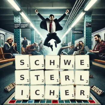 Kreative Illustration für ein Scrabble-Spiel, bei dem das Wort SCHWESTERLICHER mit Steinen auf dem Brett gelegt wurde.
