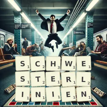 Kreative Illustration für ein Scrabble-Spiel, bei dem das Wort SCHWESTERLINIEN mit Steinen auf dem Brett gelegt wurde.