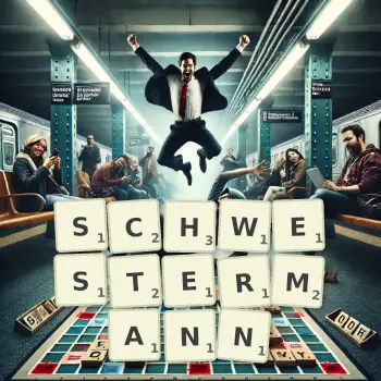 Kreative Illustration für ein Scrabble-Spiel, bei dem das Wort SCHWESTERMANN mit Steinen auf dem Brett gelegt wurde.