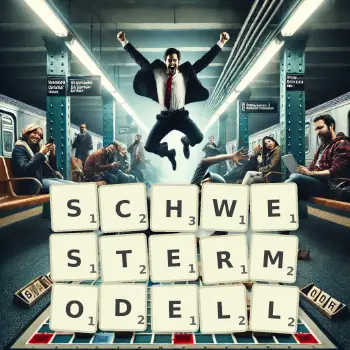 Kreative Illustration für ein Scrabble-Spiel, bei dem das Wort SCHWESTERMODELL mit Steinen auf dem Brett gelegt wurde.