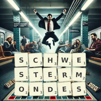 Kreative Illustration für ein Scrabble-Spiel, bei dem das Wort SCHWESTERMONDES mit Steinen auf dem Brett gelegt wurde.