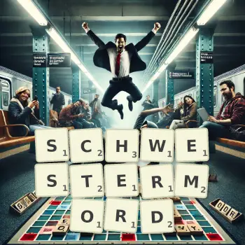 Kreative Illustration für ein Scrabble-Spiel, bei dem das Wort SCHWESTERMORD mit Steinen auf dem Brett gelegt wurde.