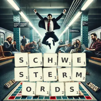 Kreative Illustration für ein Scrabble-Spiel, bei dem das Wort SCHWESTERMORDS mit Steinen auf dem Brett gelegt wurde.
