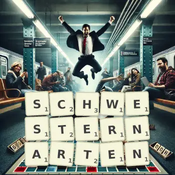 Kreative Illustration für ein Scrabble-Spiel, bei dem das Wort SCHWESTERNARTEN mit Steinen auf dem Brett gelegt wurde.