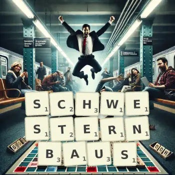 Kreative Illustration für ein Scrabble-Spiel, bei dem das Wort SCHWESTERNBAUS mit Steinen auf dem Brett gelegt wurde.