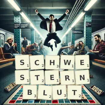 Kreative Illustration für ein Scrabble-Spiel, bei dem das Wort SCHWESTERNBLUT mit Steinen auf dem Brett gelegt wurde.