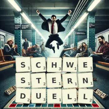 Kreative Illustration für ein Scrabble-Spiel, bei dem das Wort SCHWESTERNDUELL mit Steinen auf dem Brett gelegt wurde.