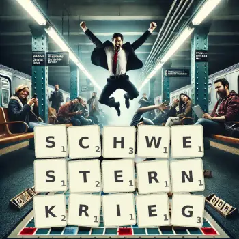 Kreative Illustration für ein Scrabble-Spiel, bei dem das Wort SCHWESTERNKRIEG mit Steinen auf dem Brett gelegt wurde.