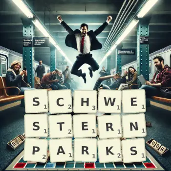 Kreative Illustration für ein Scrabble-Spiel, bei dem das Wort SCHWESTERNPARKS mit Steinen auf dem Brett gelegt wurde.