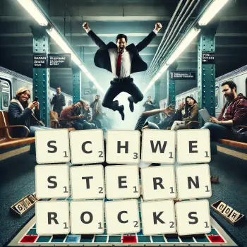 Kreative Illustration für ein Scrabble-Spiel, bei dem das Wort SCHWESTERNROCKS mit Steinen auf dem Brett gelegt wurde.