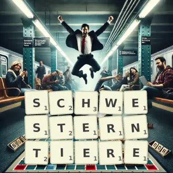 Kreative Illustration für ein Scrabble-Spiel, bei dem das Wort SCHWESTERNTIERE mit Steinen auf dem Brett gelegt wurde.