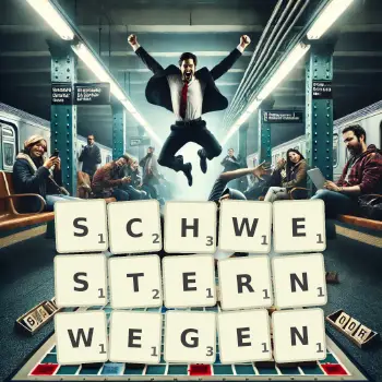 Kreative Illustration für ein Scrabble-Spiel, bei dem das Wort SCHWESTERNWEGEN mit Steinen auf dem Brett gelegt wurde.