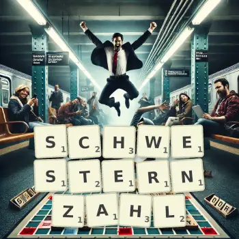 Kreative Illustration für ein Scrabble-Spiel, bei dem das Wort SCHWESTERNZAHL mit Steinen auf dem Brett gelegt wurde.