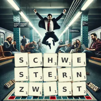 Kreative Illustration für ein Scrabble-Spiel, bei dem das Wort SCHWESTERNZWIST mit Steinen auf dem Brett gelegt wurde.