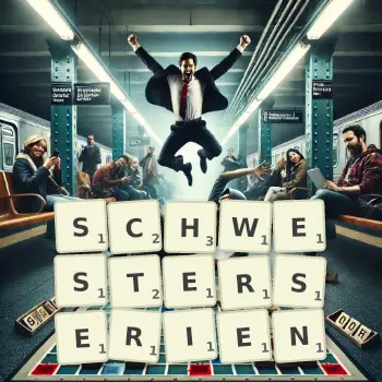 Kreative Illustration für ein Scrabble-Spiel, bei dem das Wort SCHWESTERSERIEN mit Steinen auf dem Brett gelegt wurde.