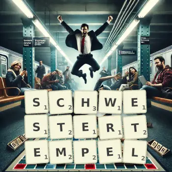 Kreative Illustration für ein Scrabble-Spiel, bei dem das Wort SCHWESTERTEMPEL mit Steinen auf dem Brett gelegt wurde.