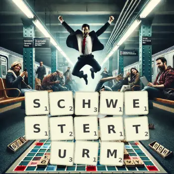 Kreative Illustration für ein Scrabble-Spiel, bei dem das Wort SCHWESTERTURM mit Steinen auf dem Brett gelegt wurde.