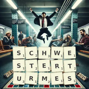 Kreative Illustration für ein Scrabble-Spiel, bei dem das Wort SCHWESTERTURMES mit Steinen auf dem Brett gelegt wurde.