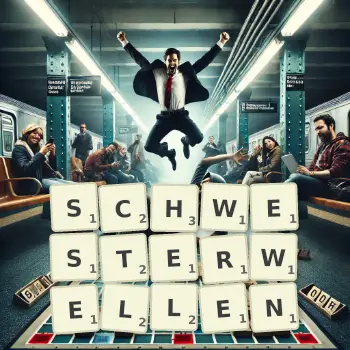 Kreative Illustration für ein Scrabble-Spiel, bei dem das Wort SCHWESTERWELLEN mit Steinen auf dem Brett gelegt wurde.