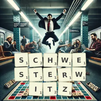 Kreative Illustration für ein Scrabble-Spiel, bei dem das Wort SCHWESTERWITZ mit Steinen auf dem Brett gelegt wurde.