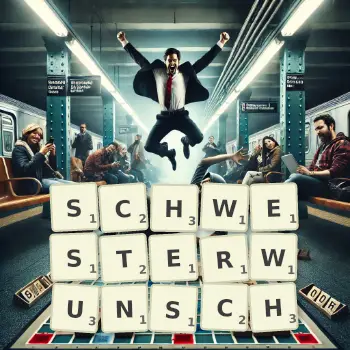 Kreative Illustration für ein Scrabble-Spiel, bei dem das Wort SCHWESTERWUNSCH mit Steinen auf dem Brett gelegt wurde.