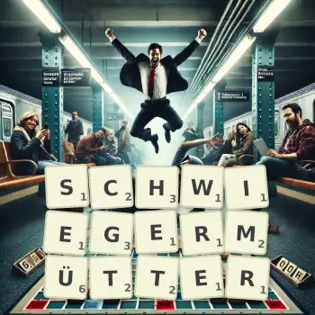 Kreative Illustration für ein Scrabble-Spiel, bei dem das Wort SCHWIEGERMÜTTER mit Steinen auf dem Brett gelegt wurde.