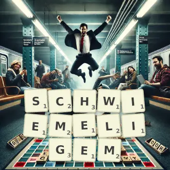 Kreative Illustration für ein Scrabble-Spiel, bei dem das Wort SCHWIEMELIGEM mit Steinen auf dem Brett gelegt wurde.