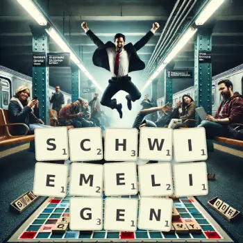 Kreative Illustration für ein Scrabble-Spiel, bei dem das Wort SCHWIEMELIGEN mit Steinen auf dem Brett gelegt wurde.